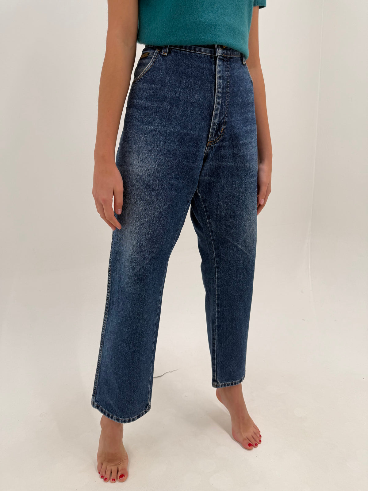 Jeans vintage premium din bumbac gros classic wash cu talie înaltă mai generoasă