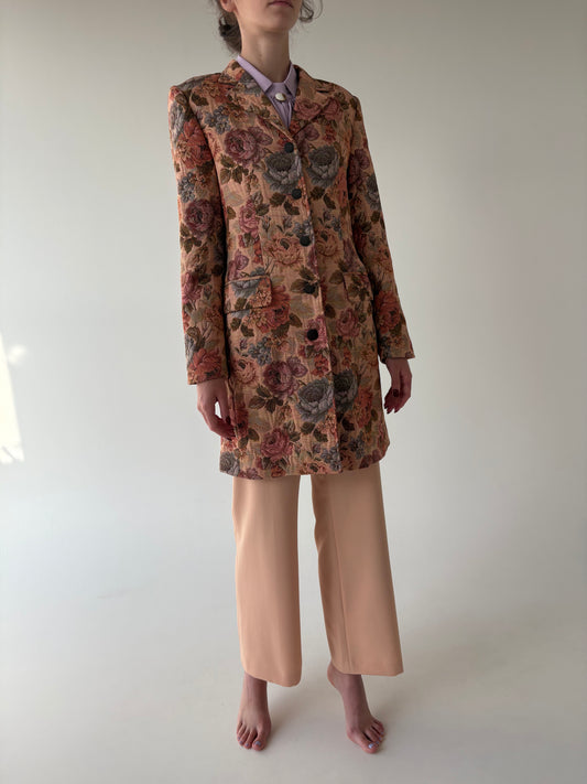 Pardesiu vintage din brocart peach nude cu print superb texturat