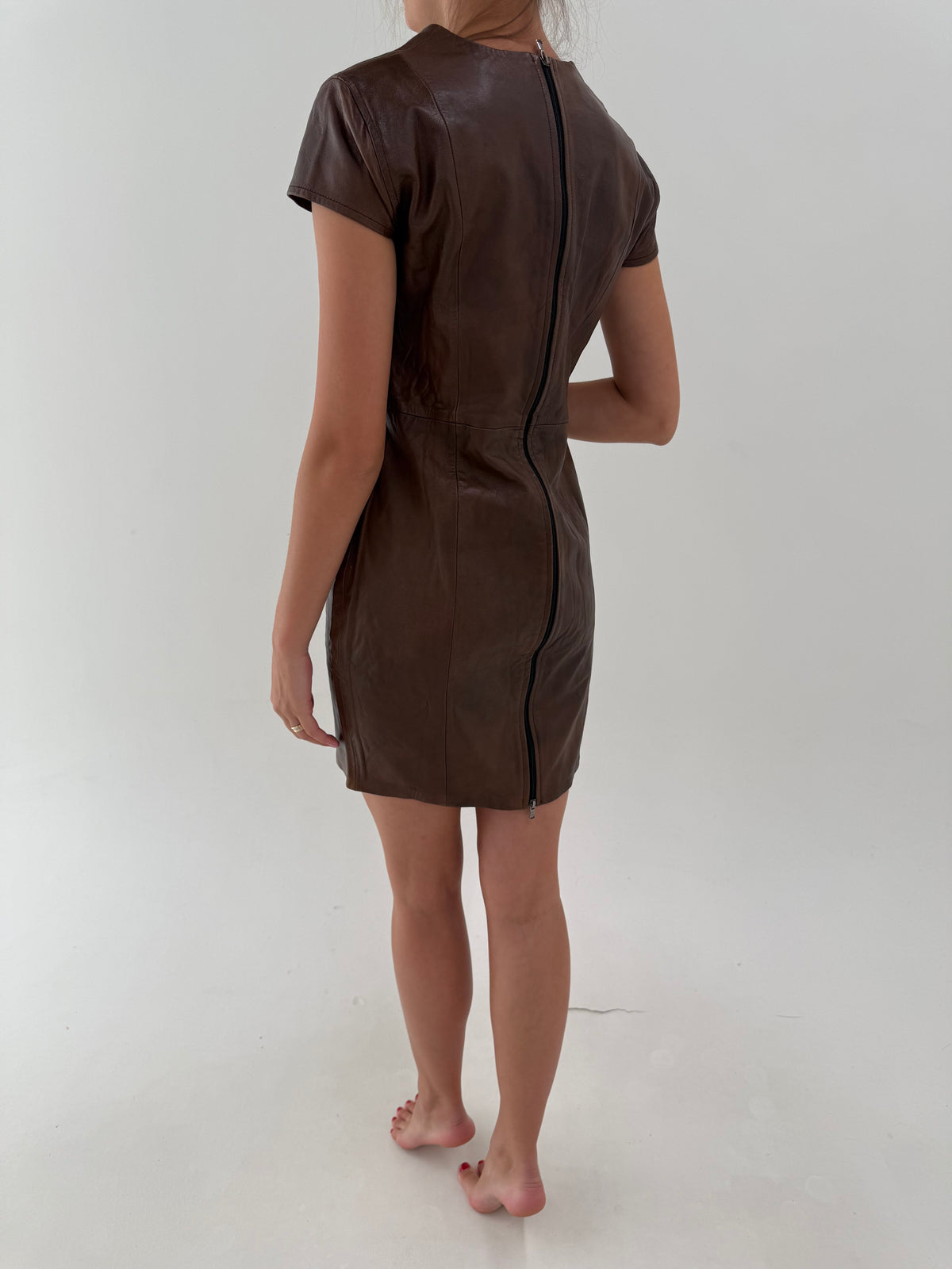 Rochie din piele naturală moale chocolate brown în croi clasic