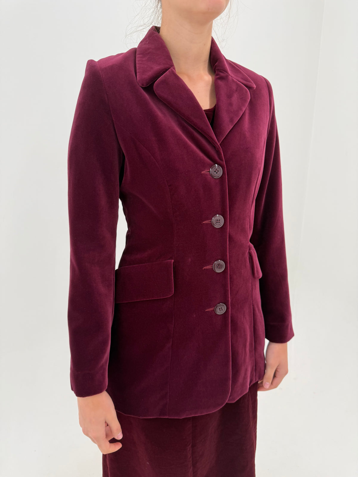Sacou italian cambrat burgundy din catifea de bumbac cu talie marcată