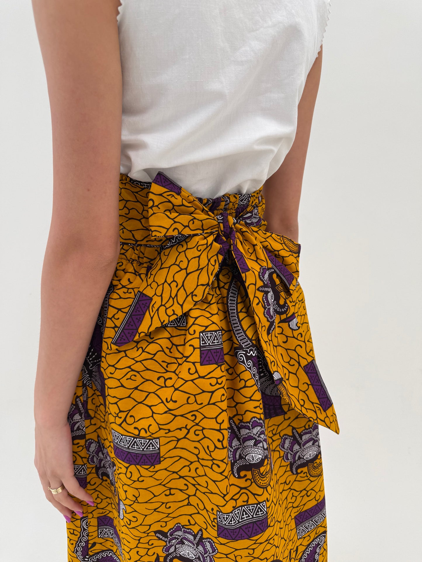 Fuste maxi new old stock din canvas de bumbac cu print manual saffron yellow