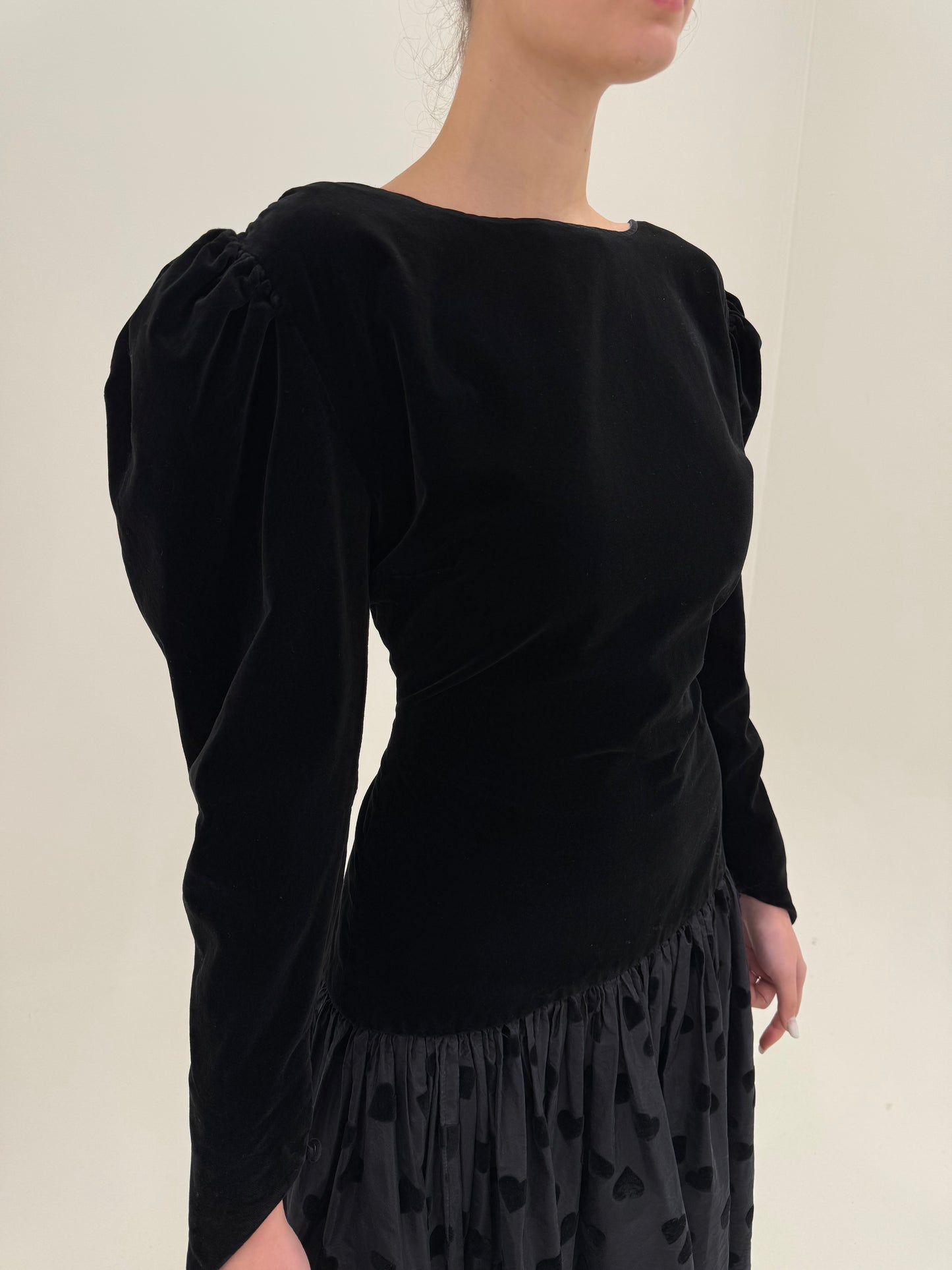 LBD vintage din catifea cu spate gol și tafta cu buline din mătase naturală