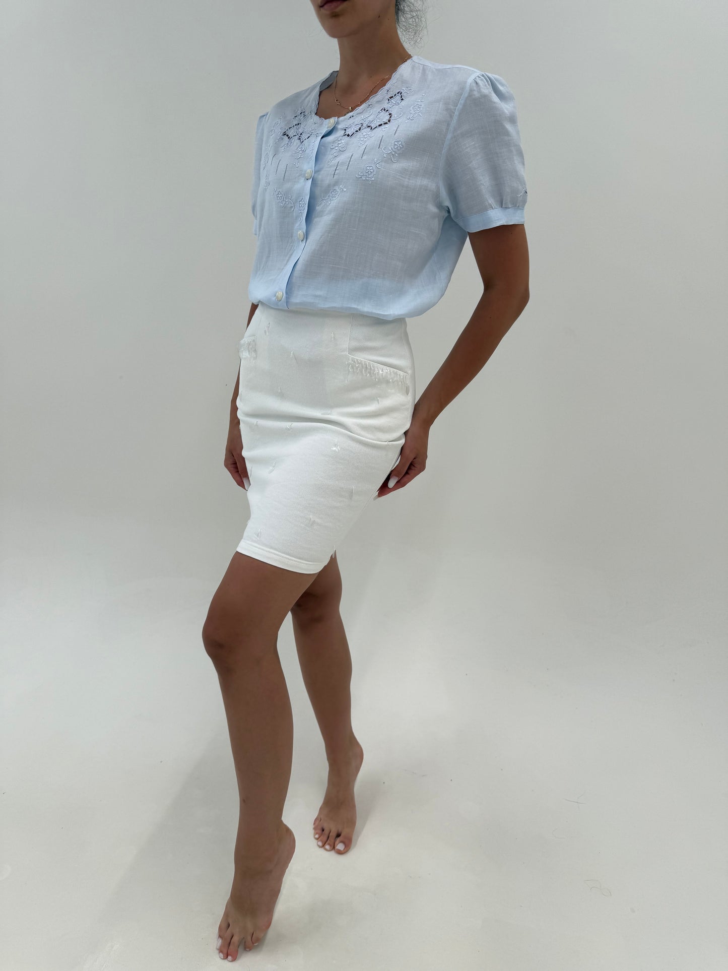 Fusta luxury vintage Blumarine cu aplicații manuale transparente din jeans modelator