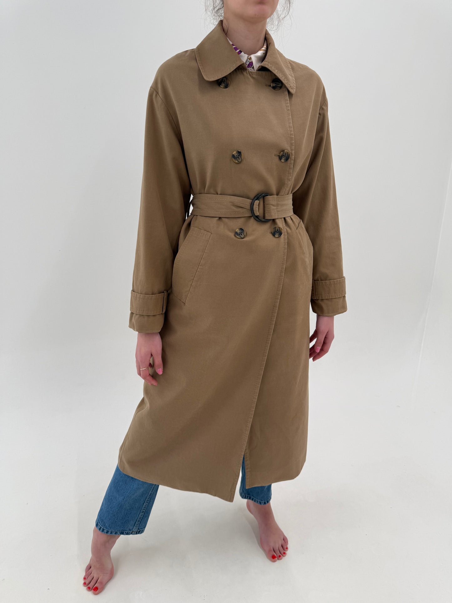 Trench în croi lung din gabardină moale de bumbac cu talie reglabilă