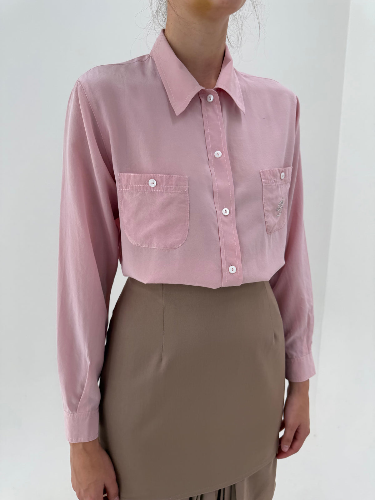 Cămașa vintage italiană powder Pink petite din mătase naturală