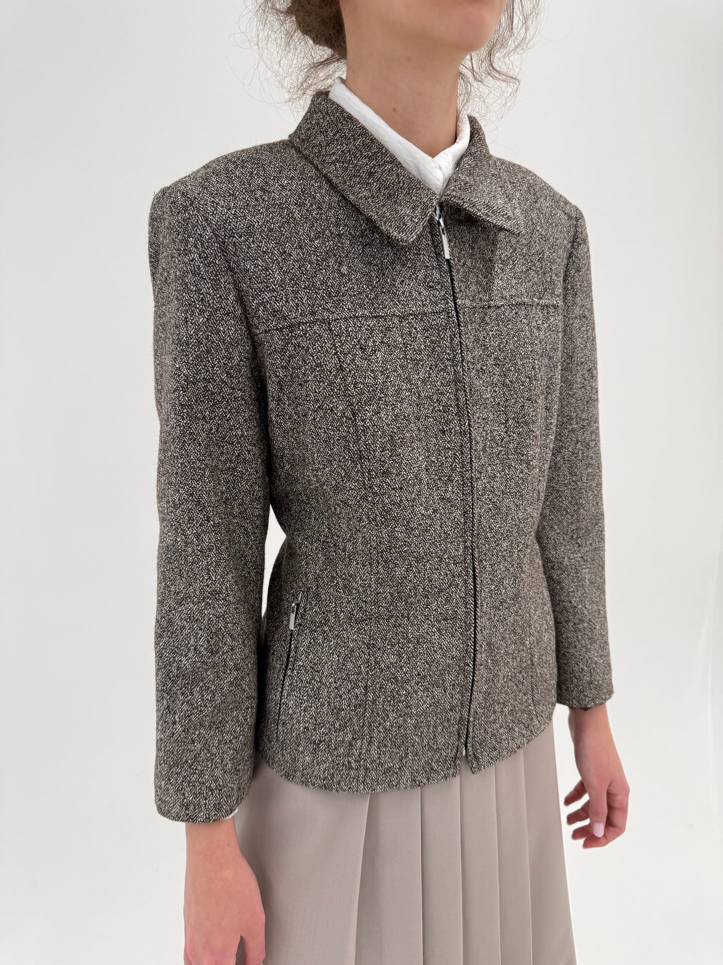 Jacheta din tweed de lana nude și chocolate brown în croi ușor cambrat