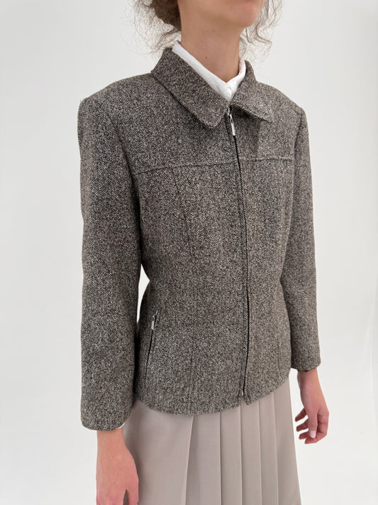 Jacheta din tweed de lana nude și chocolate brown în croi ușor cambrat