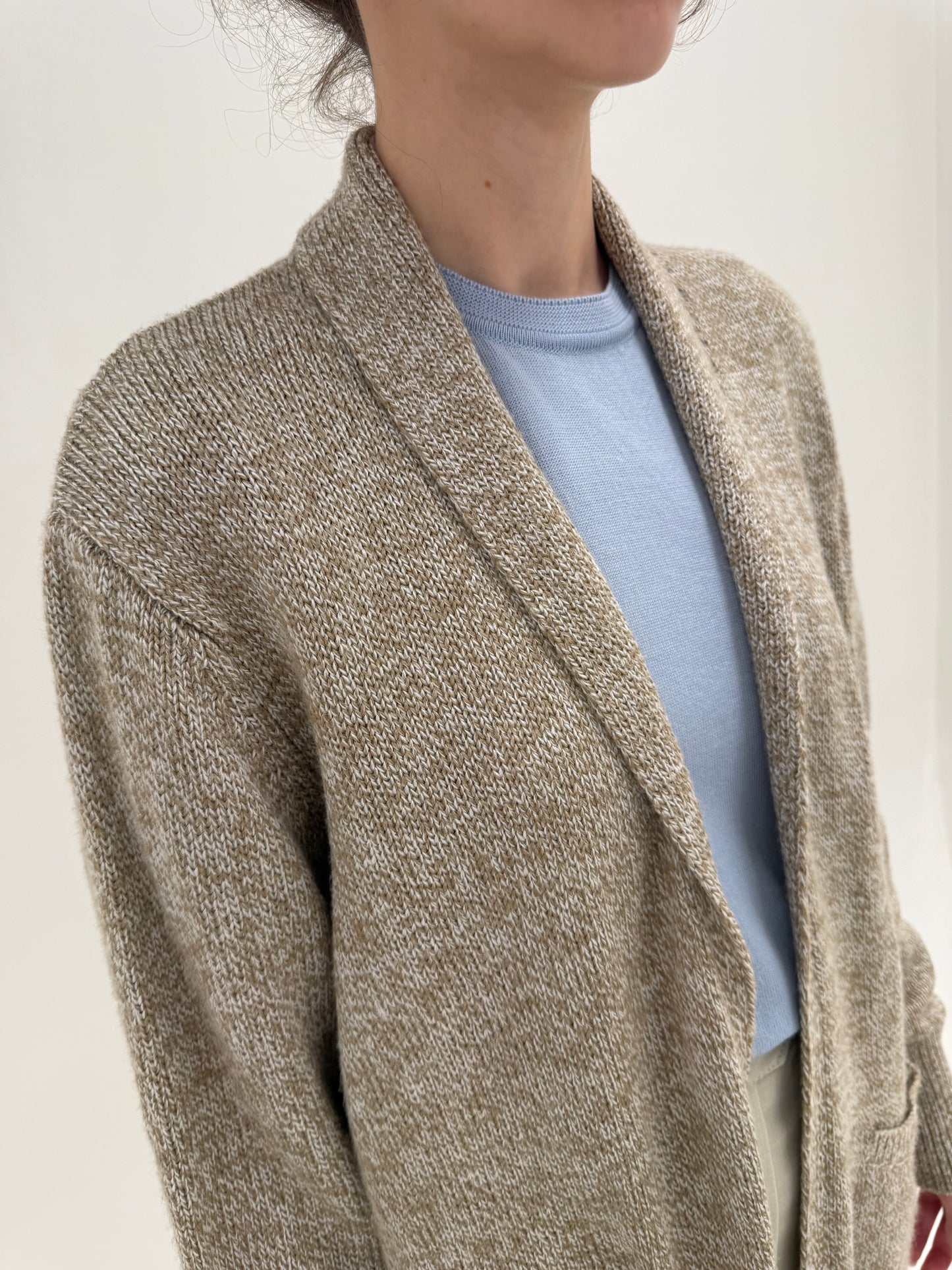 Cardigan lung Camel melanj cu ivoire din lana extrafina cu buzunare