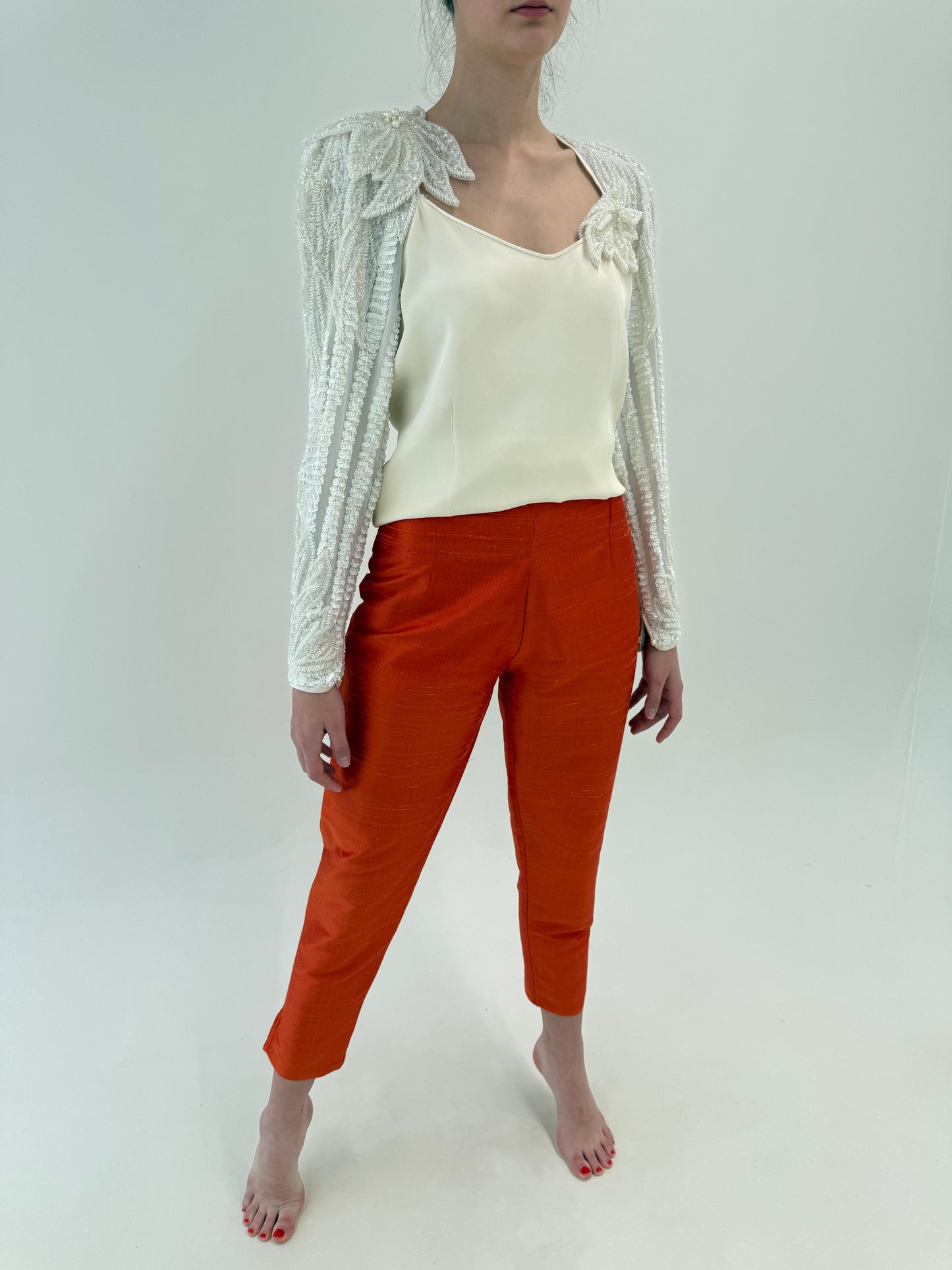 Pantaloni din mătase naturală dupioni în culoare superbă cu talie ultra înaltă