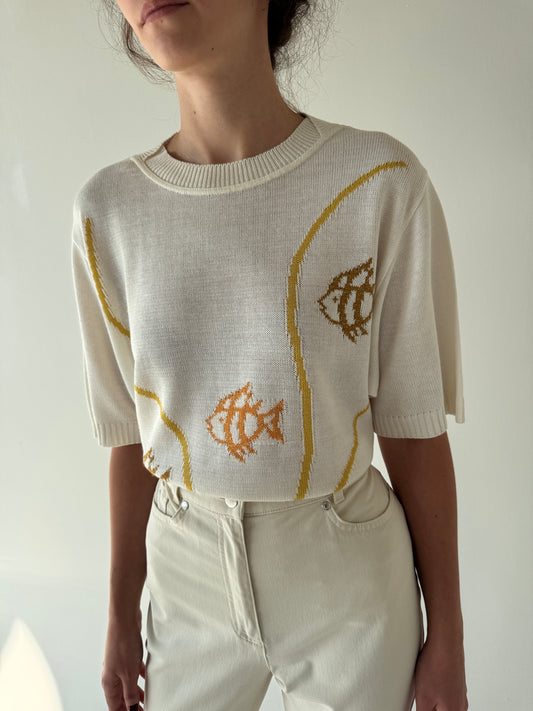 Top vintage butter white din jerse cu print stilizat