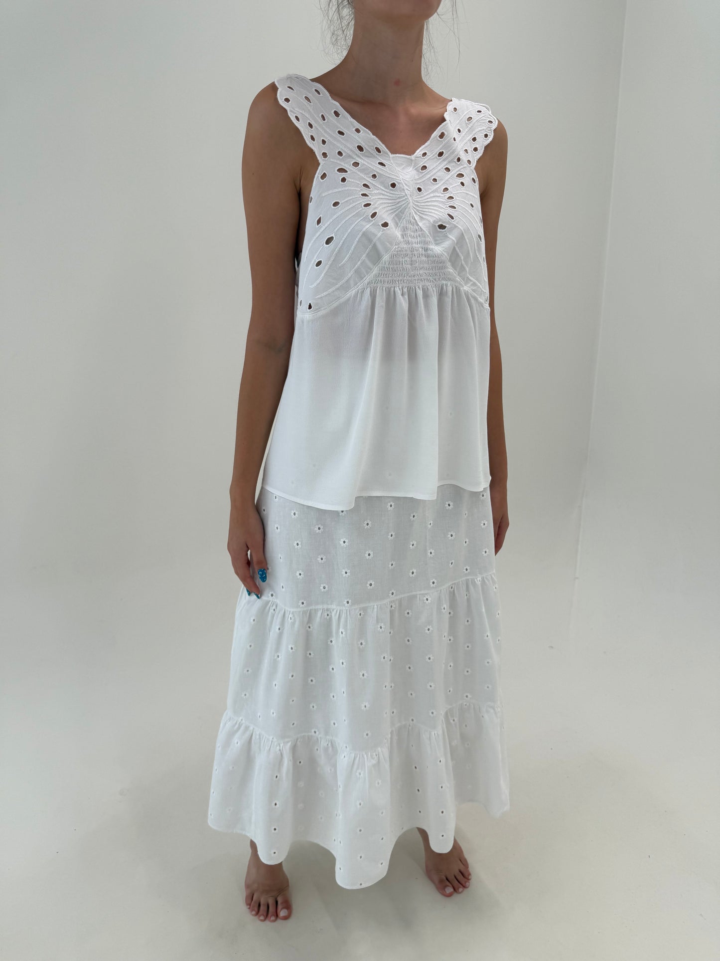 Fustă maxi albă din bumbac fin integral cu broderia anglaise