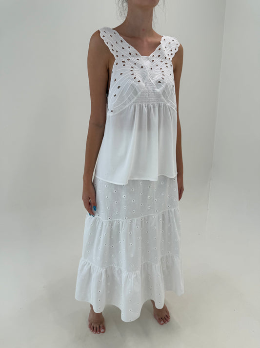 Fustă maxi albă din bumbac fin integral cu broderia anglaise