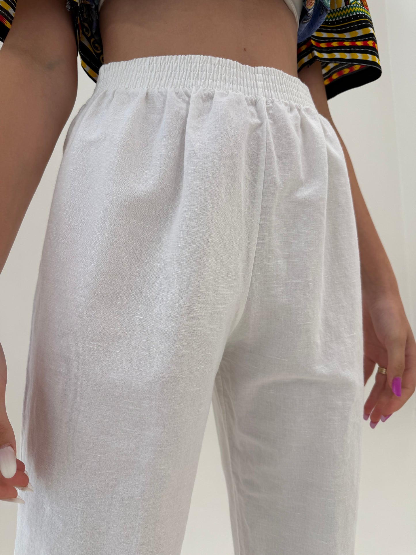 Pantaloni din in premium italian cu talie ultra înaltă elastică
