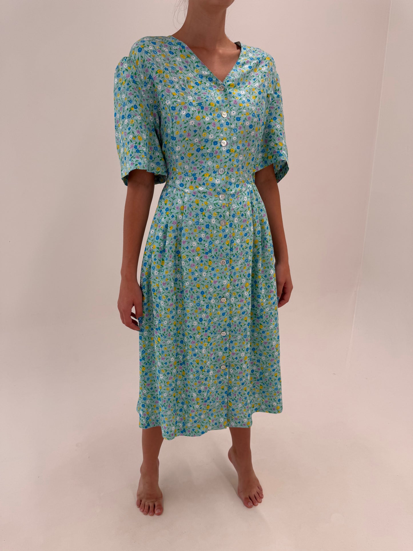 Rochie vintage mint green din mătase naturală superbă cu buzunare în croi flatant
