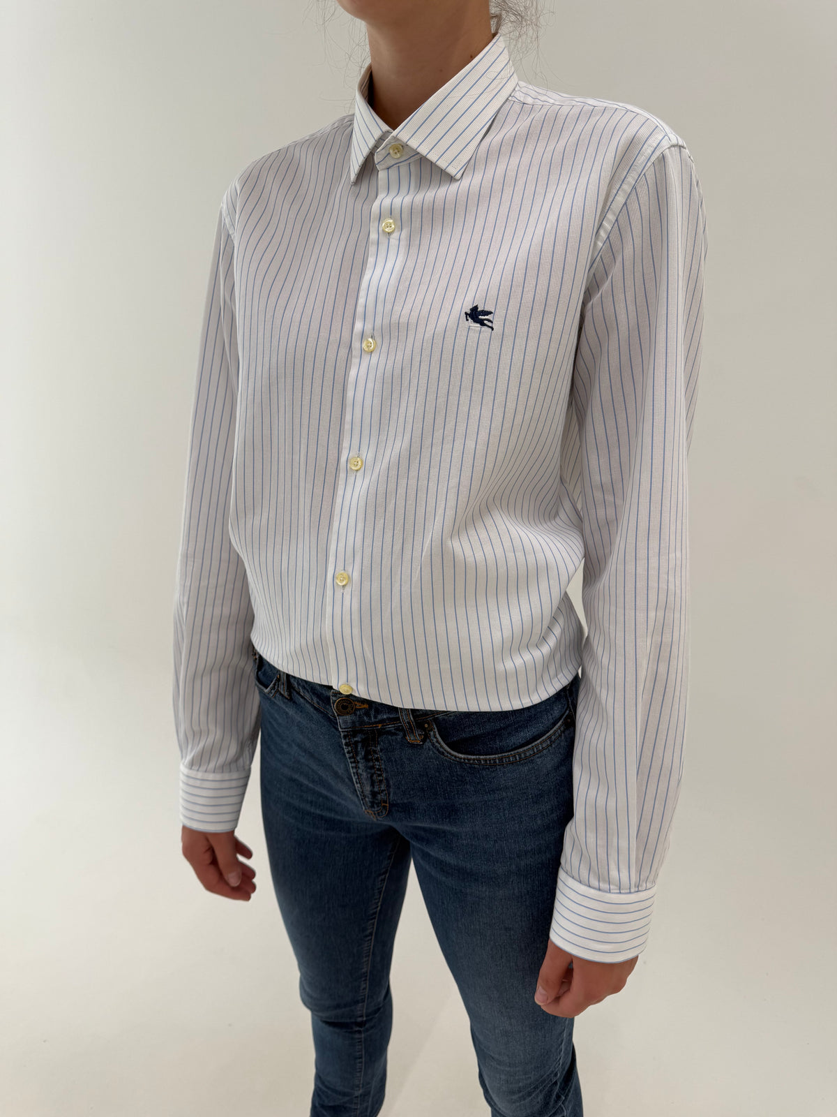 Cămașa luxury Etro din poplin gros texturat de bumbac cu dungi fine baby blue