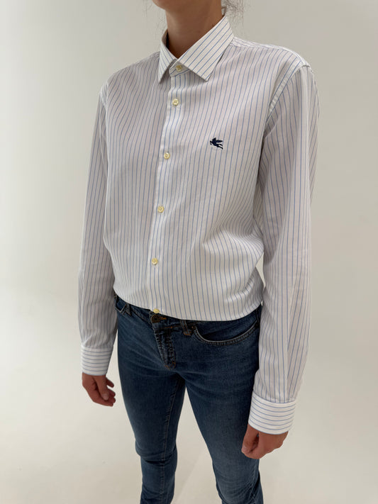 Cămașa luxury Etro din poplin gros texturat de bumbac cu dungi fine baby blue