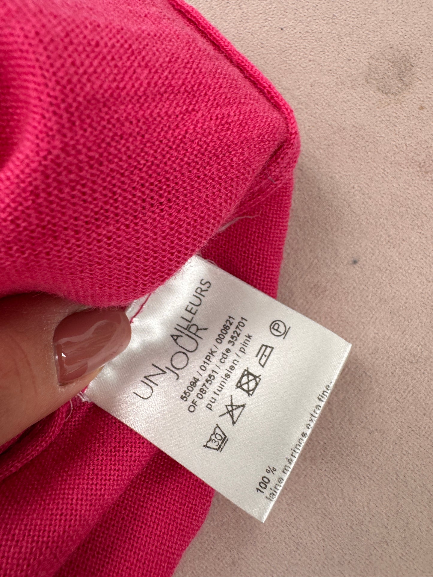 Puloveras subțire fucsia de brand luxury din lana merino extrafina