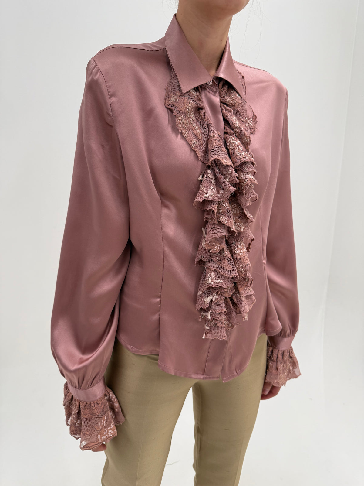Cămașa Roberto Cavalli din mătase naturală cu jabou bogat dusty Pink