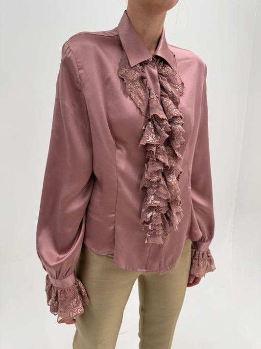 Cămașa Roberto Cavalli din mătase naturală cu jabou bogat dusty Pink