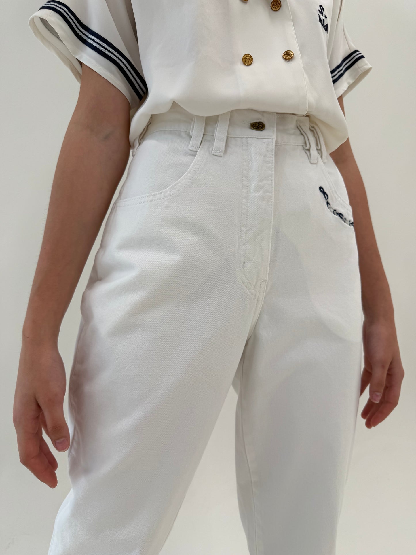 Jeans alb petite de vară vintage italienești cu talie ultra înaltă
