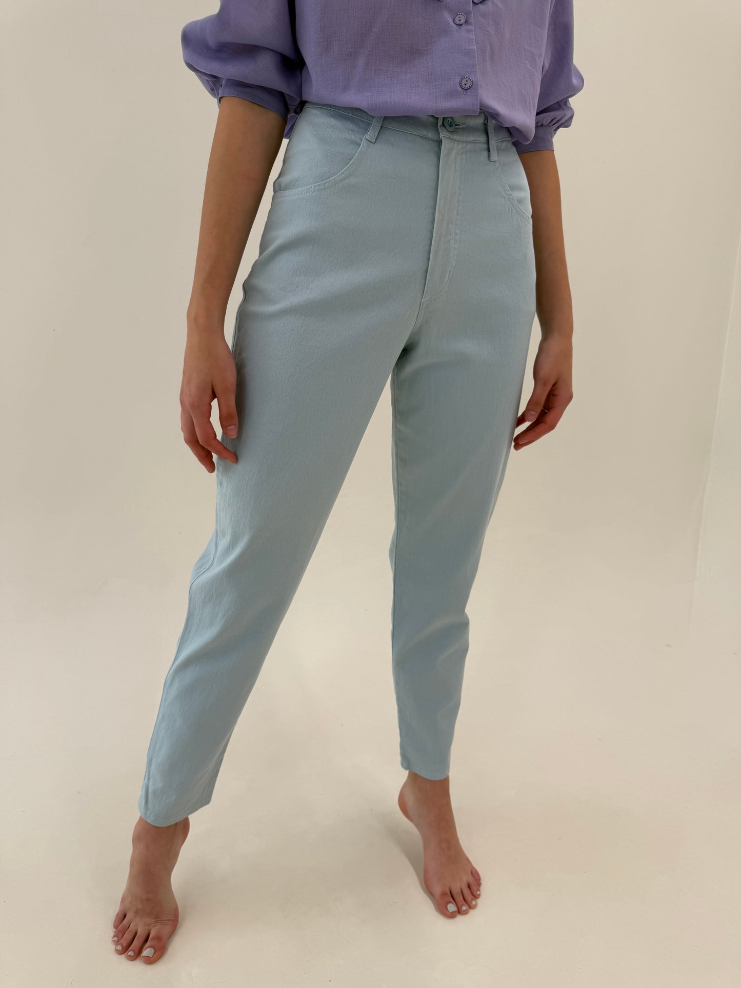 Pantaloni baby blue din bumbac ultra confort modelator cu talie ultra înaltă