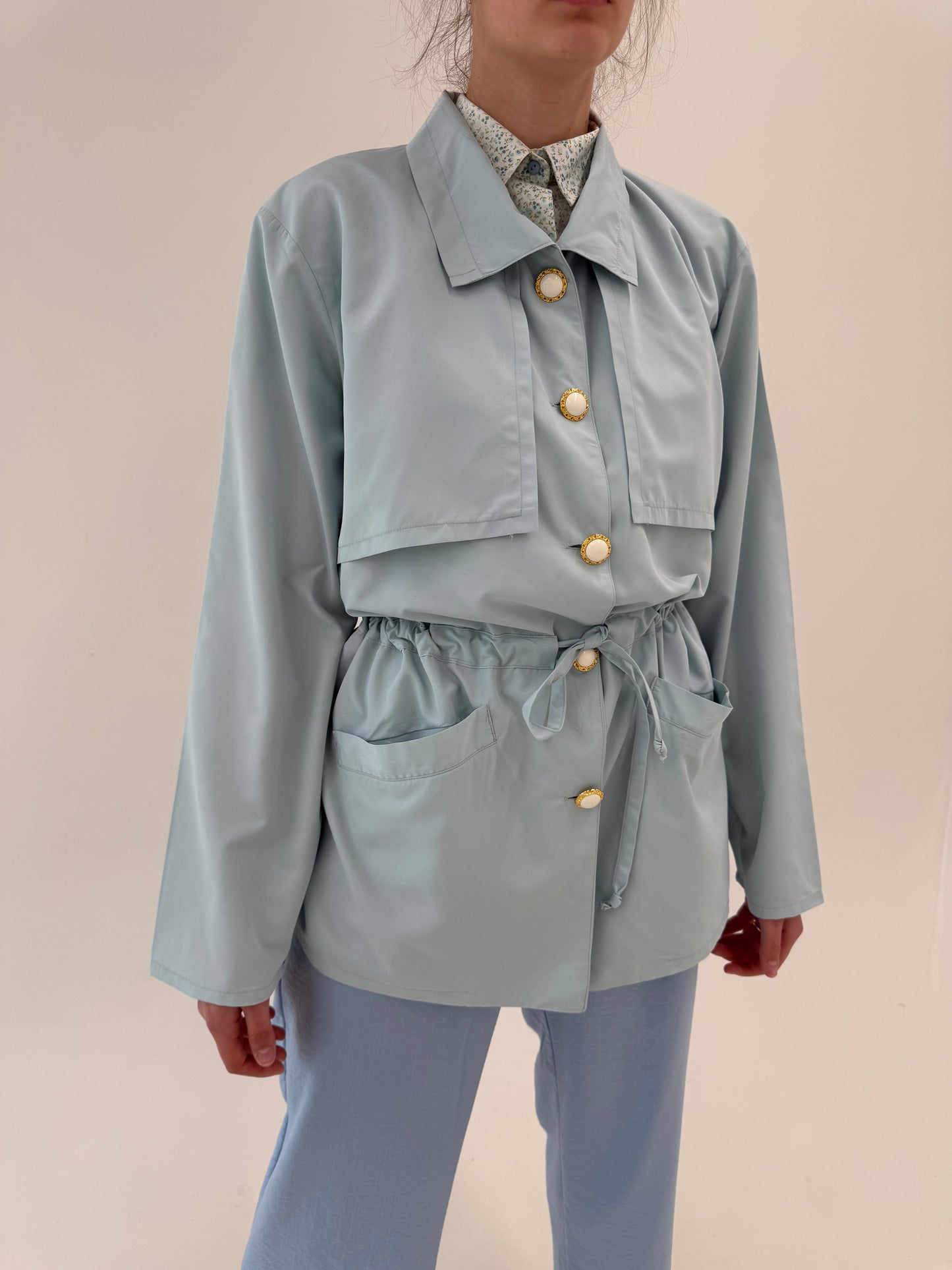Geacă vintage baby blue impermeabilă cu nasturi perlă și talie reglabilă ultra înaltă