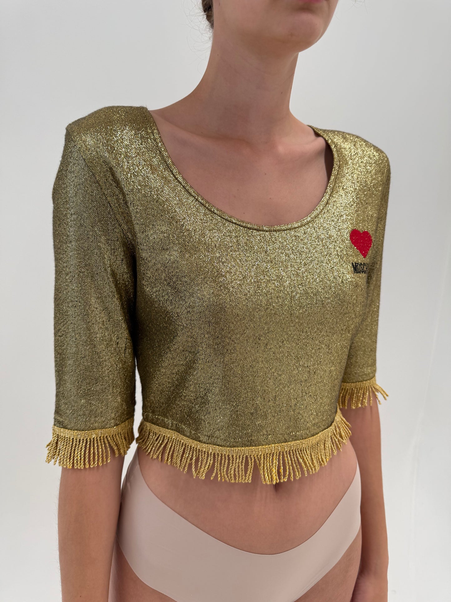 Top vintage Moschino cu franjuri și lurex auriu modelator