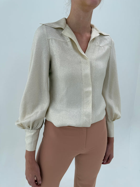 Cămașa old vintage anii 70 din lurex fin auriu pudrate cu manșete înalte și mâneci ample