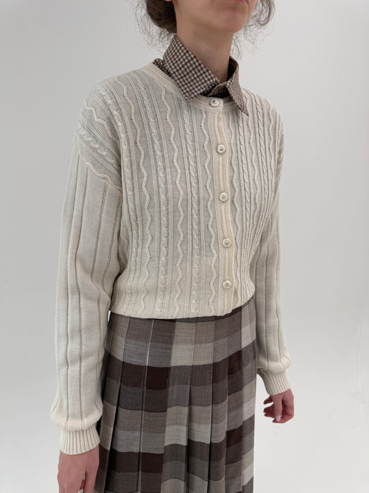 Cardigan vintage butter white texturat din lana extrafina