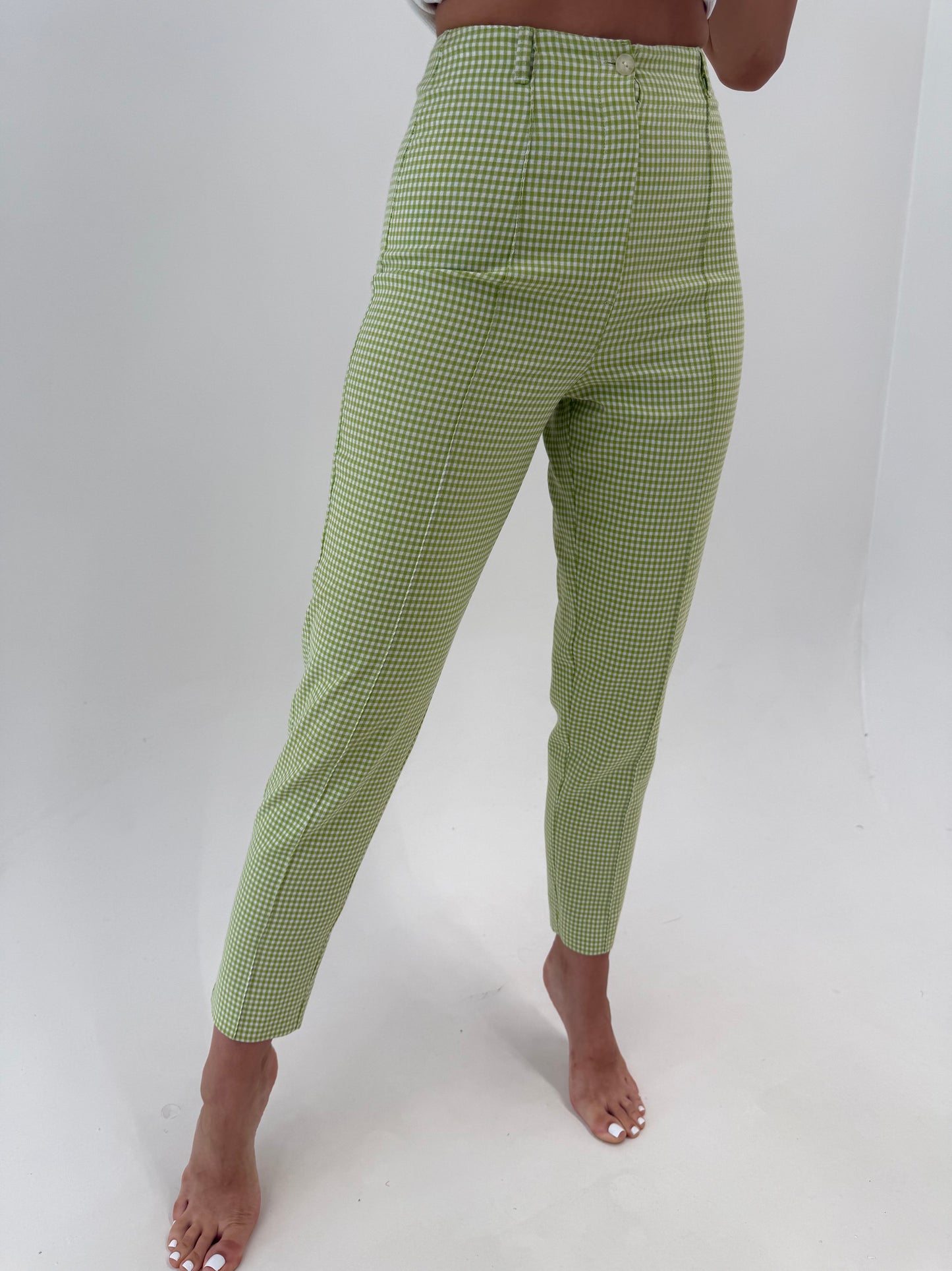 Pantaloni gingham țigaretă cu verde crud și alb ultra modelatori din pânză