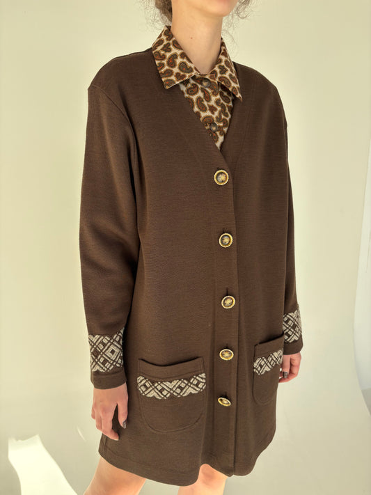 Cardigan lung tip pardesiu italian chocolate brown din lana merino plină