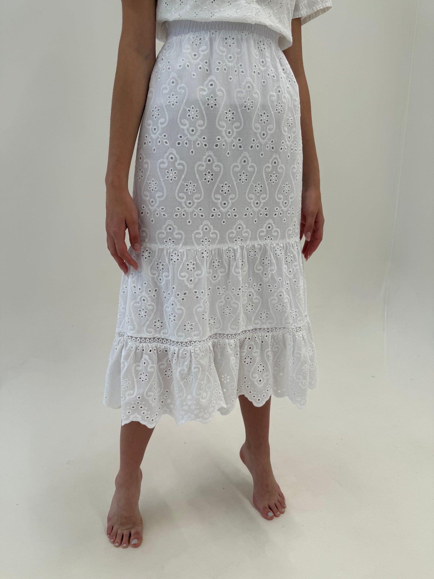 Fustă midi spre maxi din bumbac premium integral cu broderia anglaise