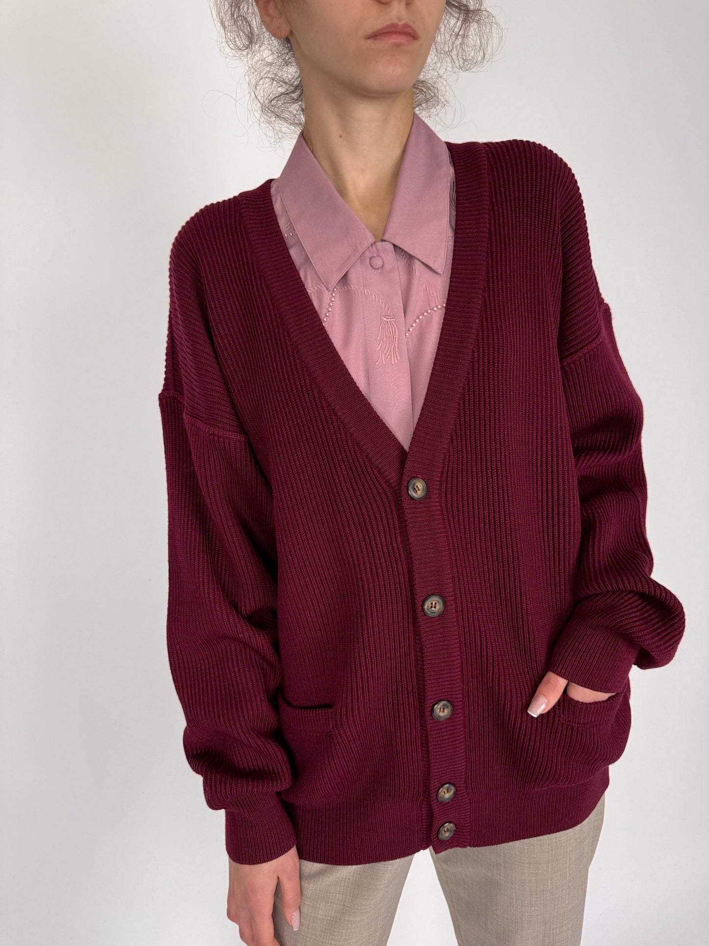 Cardigan burgundy super premium italian din lana extrem de fină groasă