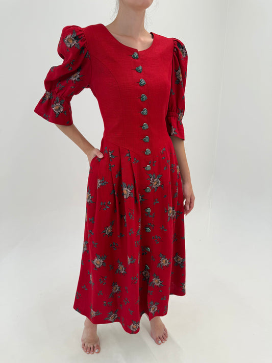 Rochie maxi din pânză grea de in cu corsaj și mâneci ușor bufante