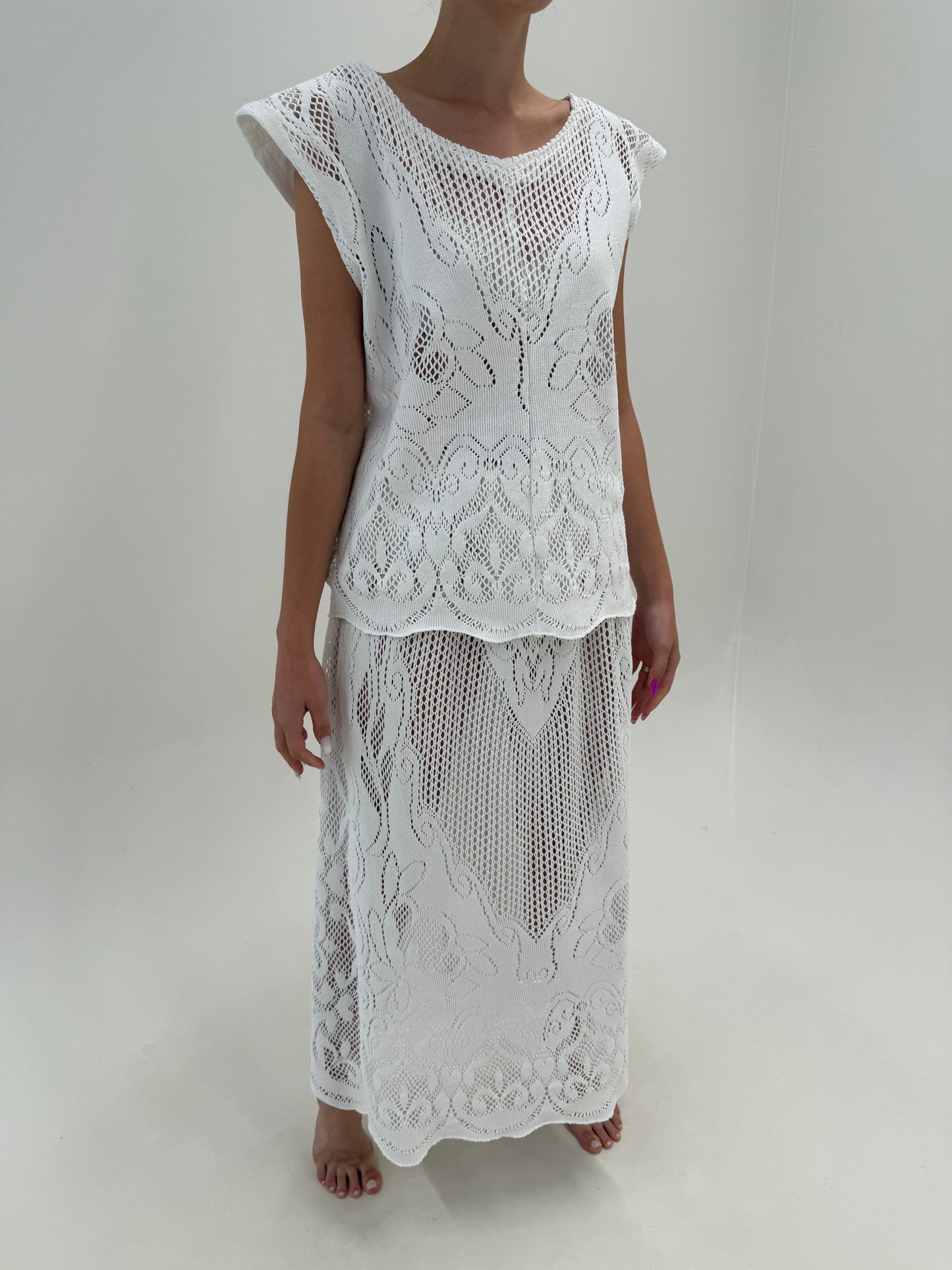 Set excepțional din macrame ultra confort și pânză de in cu fustă maxi