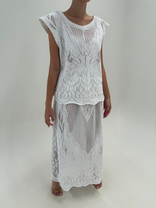 Set excepțional din macrame ultra confort și pânză de in cu fustă maxi