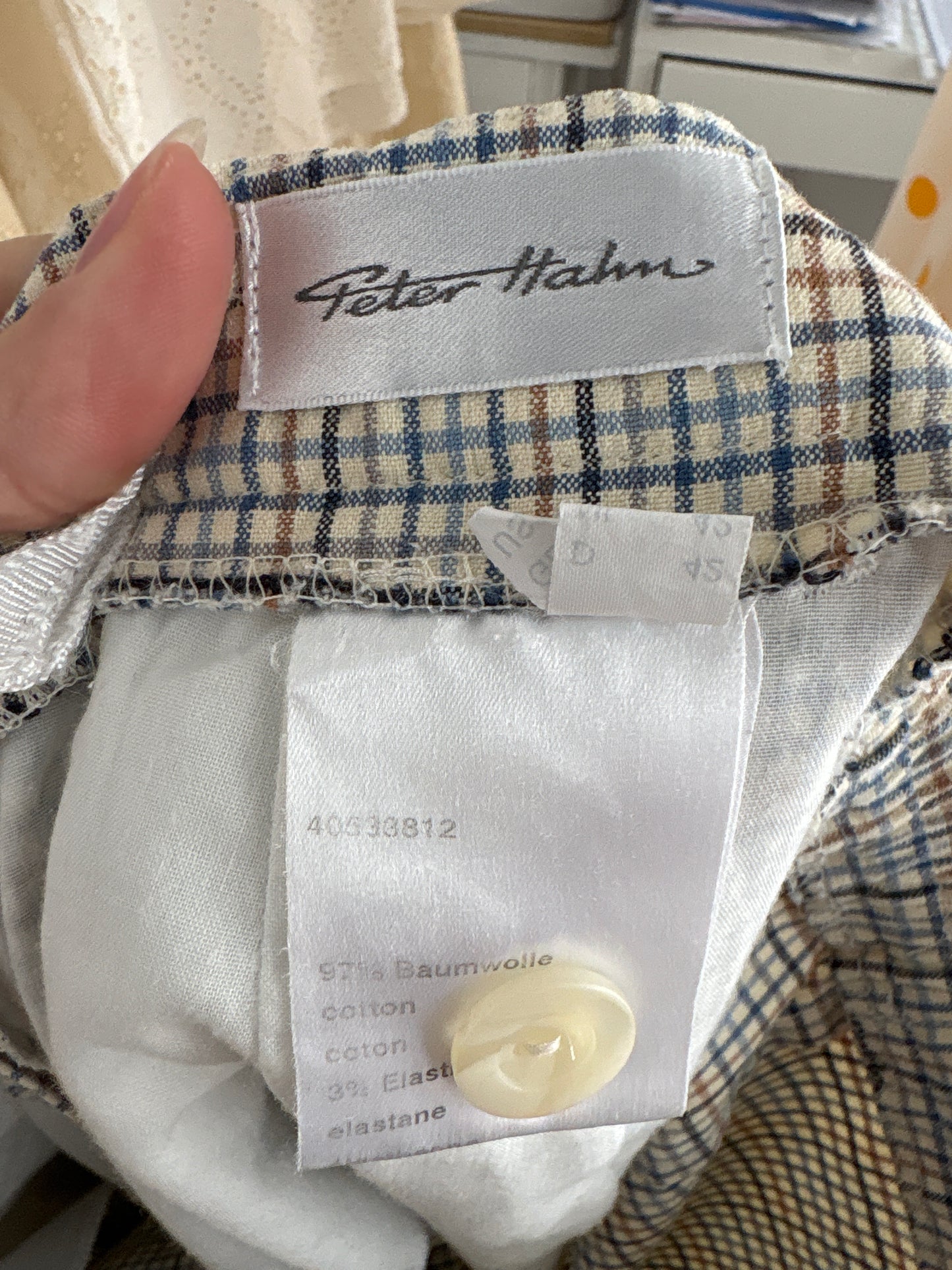 Pantaloni din pânză camel în carouri fine cu baby Blue și talie elastică
