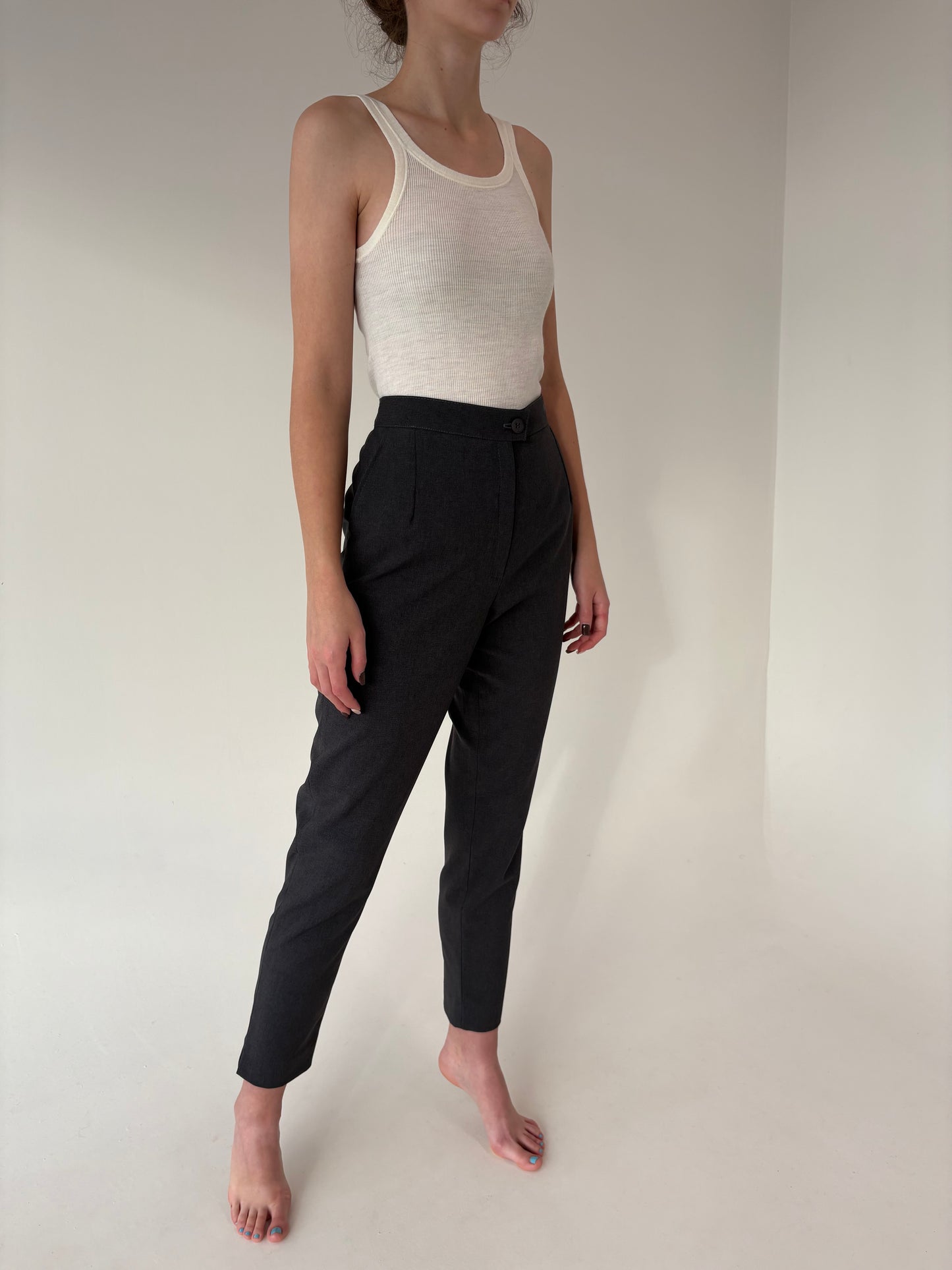 Pantaloni țigaretă cu talie ultra înaltă din stofă de lana extrafina strech