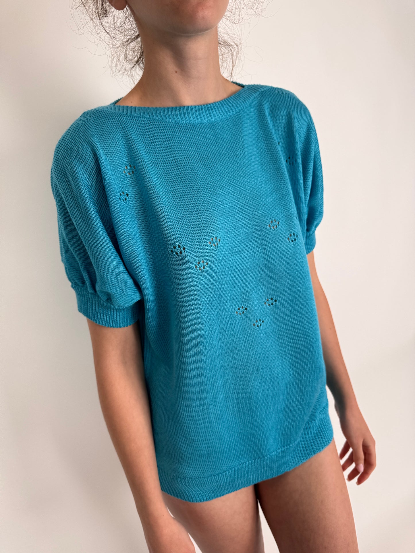 Top vintage turcoaz din jerse de bumbac de gramaj mare