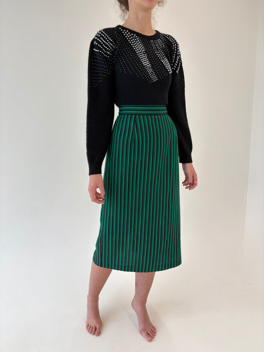 Fustă vintage cu dungi verticale verde smarald și talie ultra înaltă