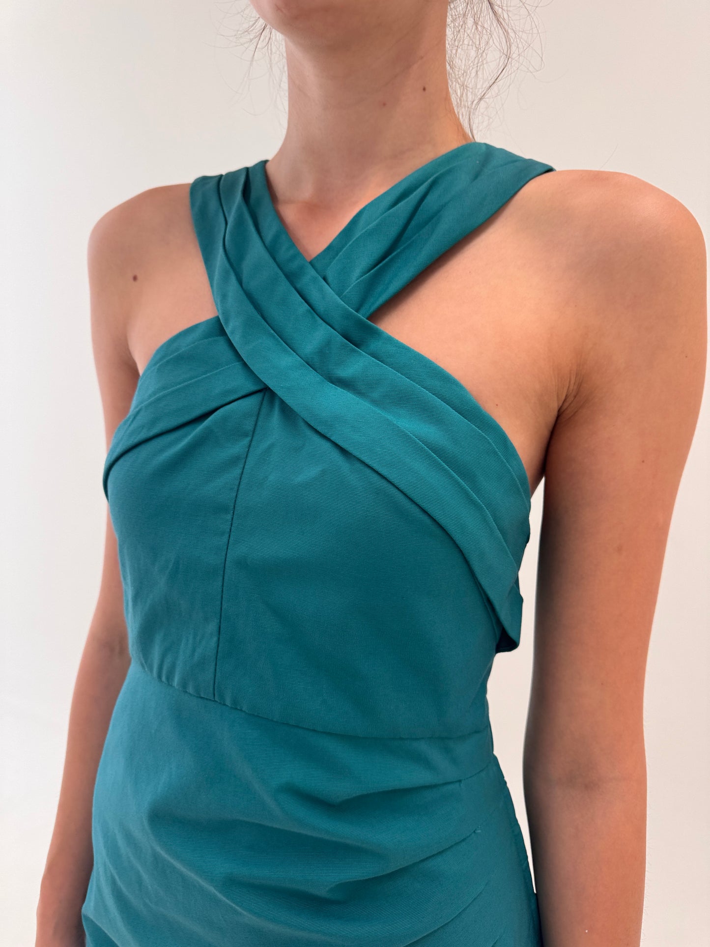 Rochie aqua green din faille de bumbac cu talie fronsata și corsaj