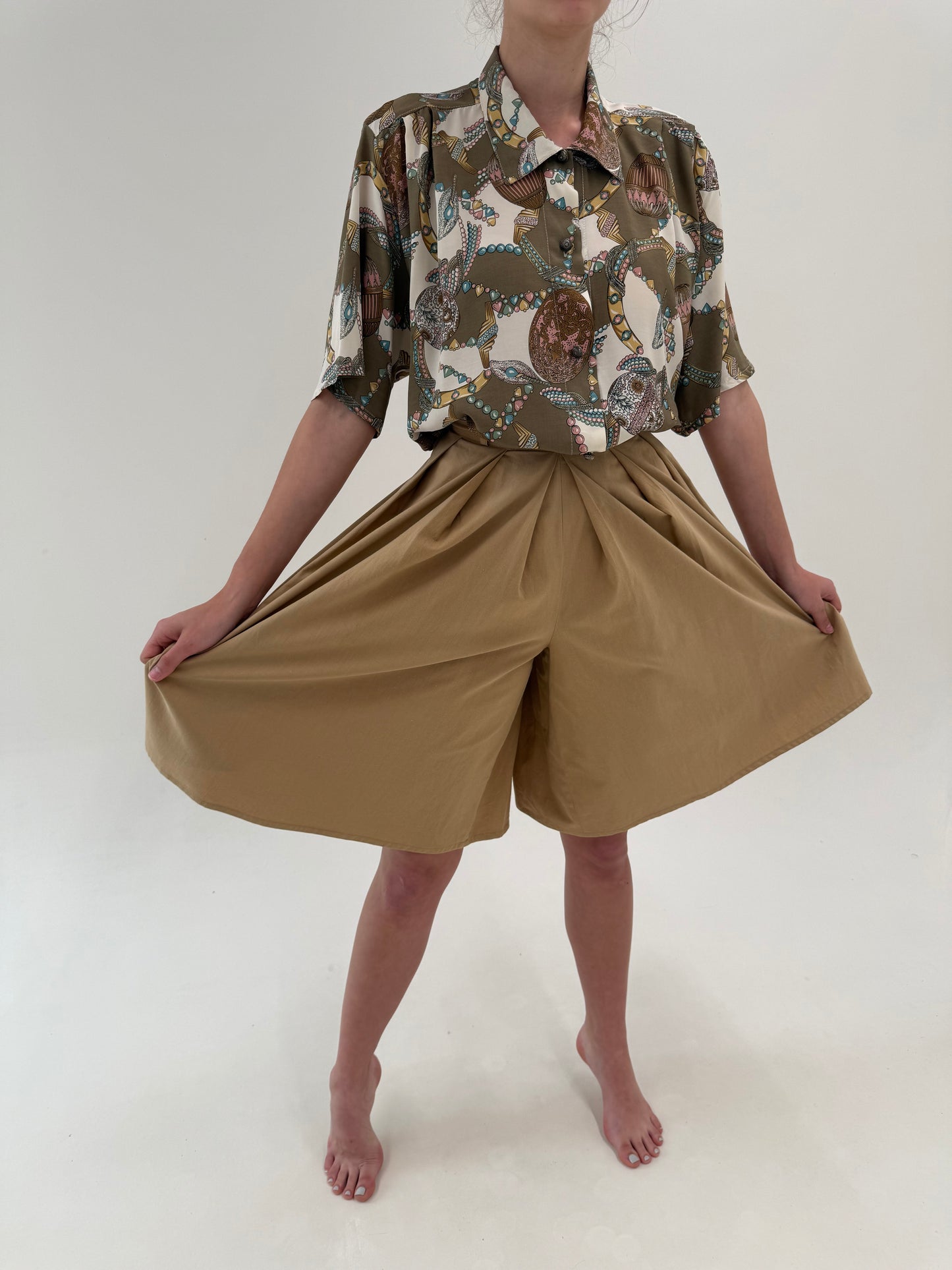 Fustă pantaloni vintage camel din bumbac cu talie ultra înaltă