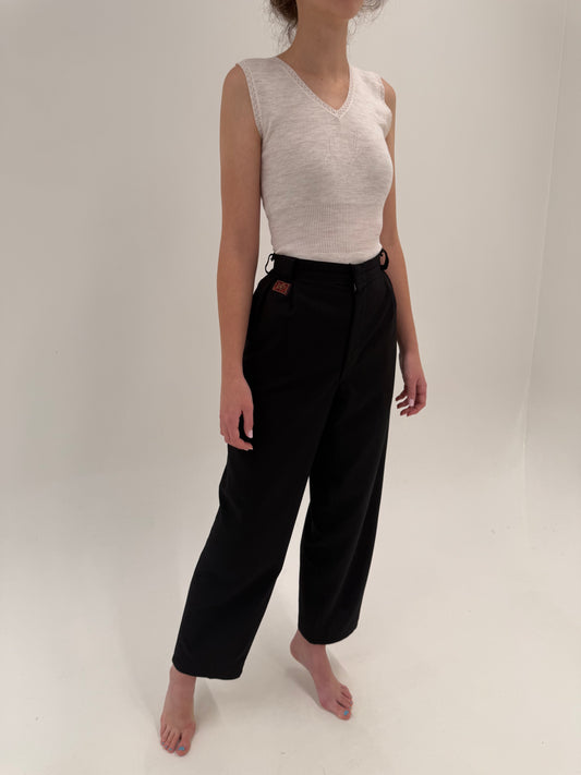 Pantaloni negri vintage cu talie ultra înaltă și pense din lana extrafina