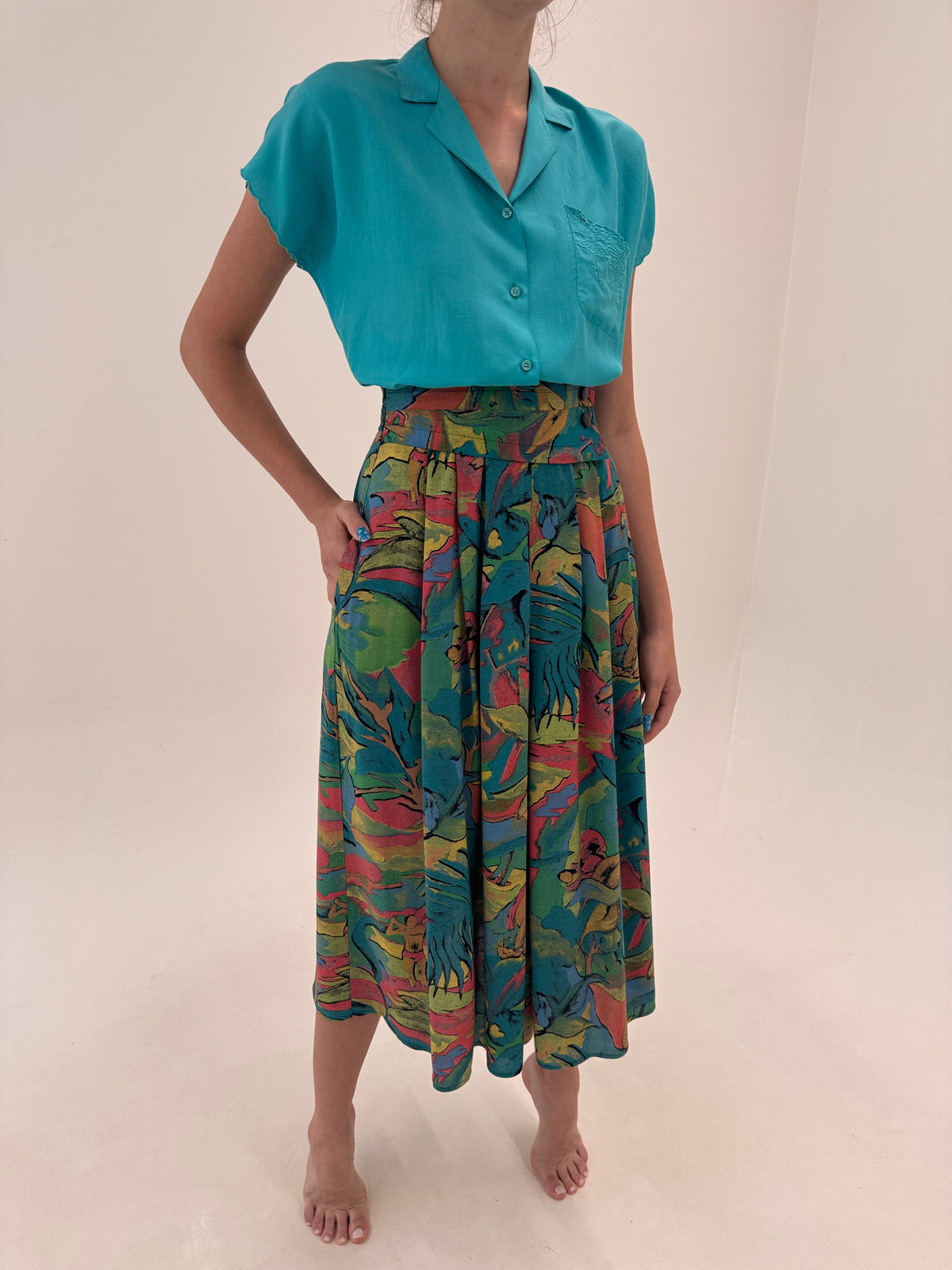 Fusta vintage maxi în culori superbe și print organic cu buzunare