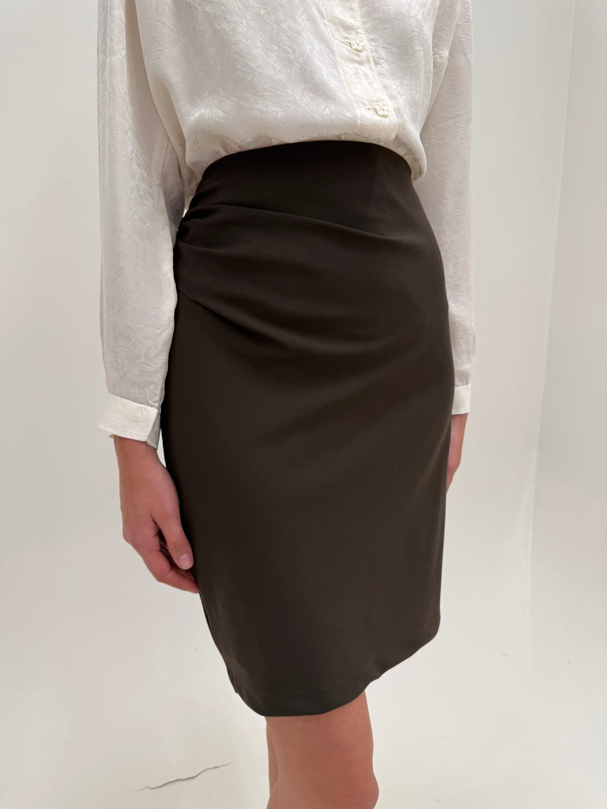 Fustă Max Mara creion dark brown creion cu talie drapata asimetric din lana confort