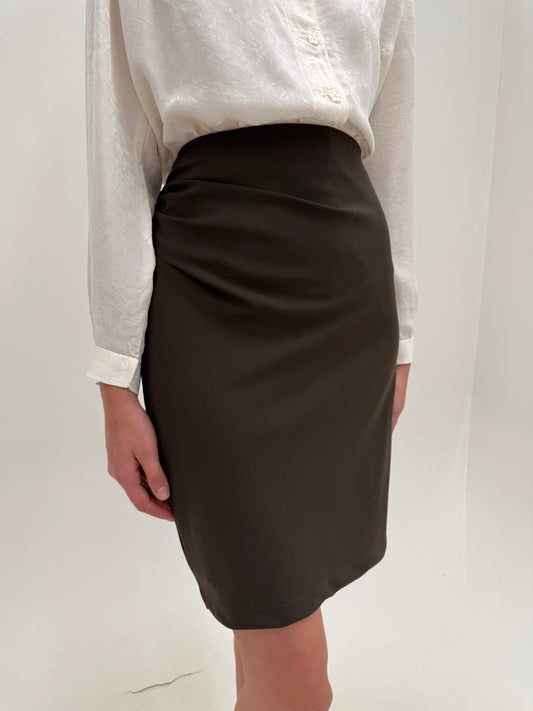 Fustă Max Mara creion dark brown creion cu talie drapata asimetric din lana confort