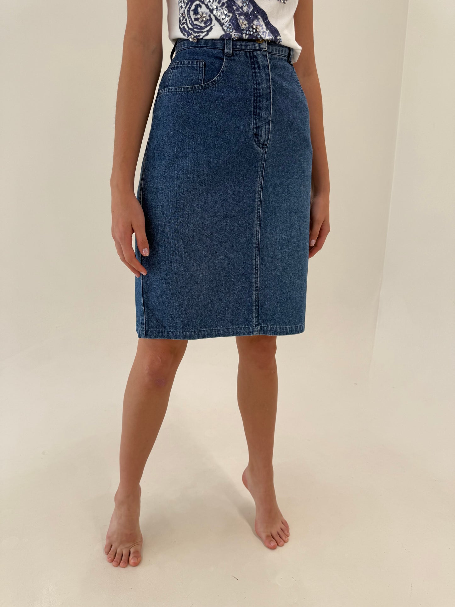 Fustă vintage luxury Trussardi din jeans moale de vară cu talie ultra înaltă