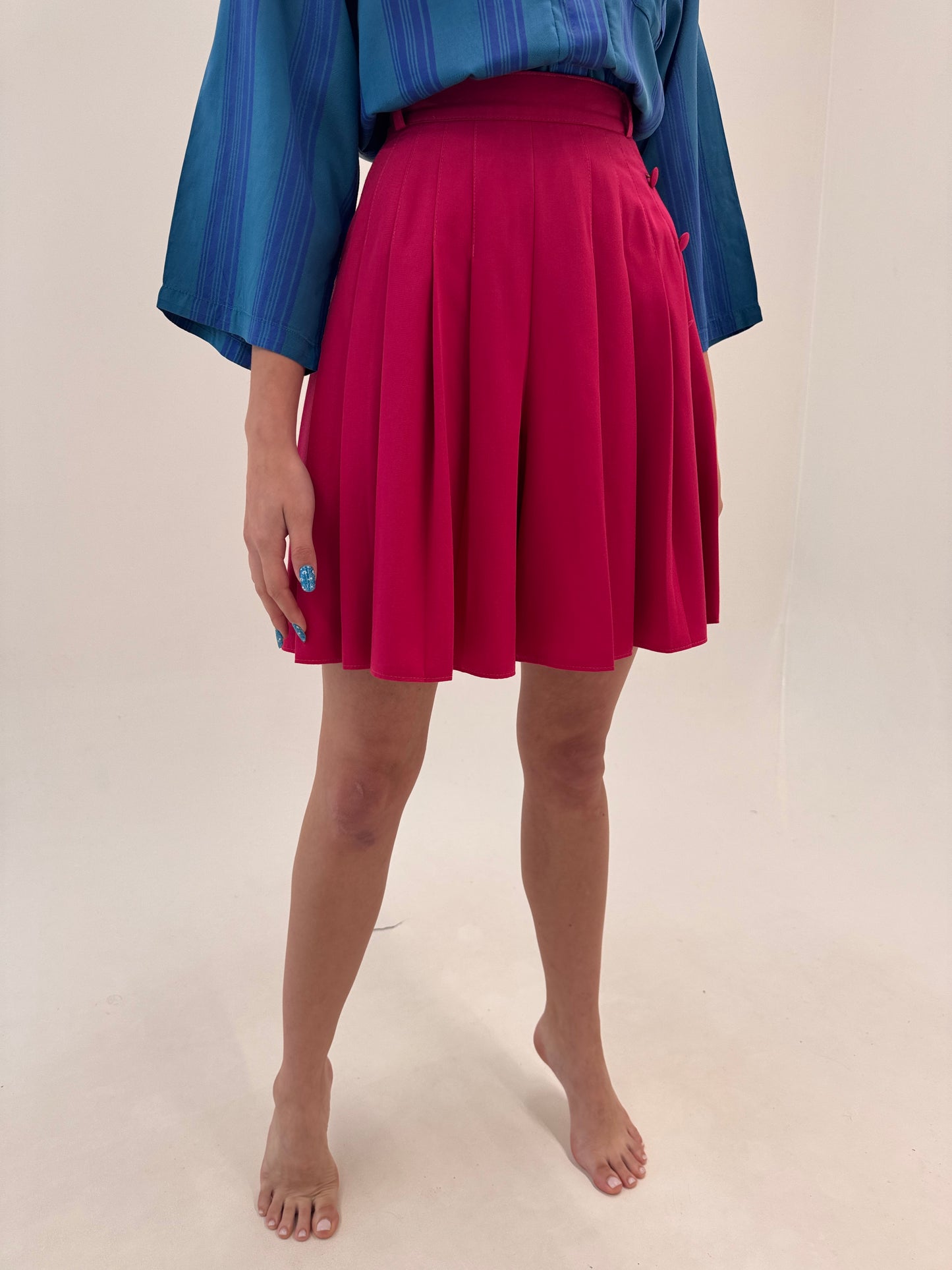 Fustă vintage plisată magenta cu talie ultra înaltă din twill