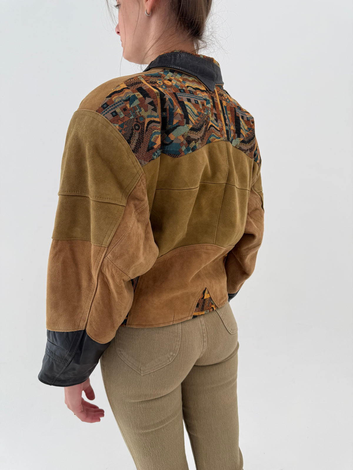 Geaca biker petite vintage camel din piele naturală și brocart
