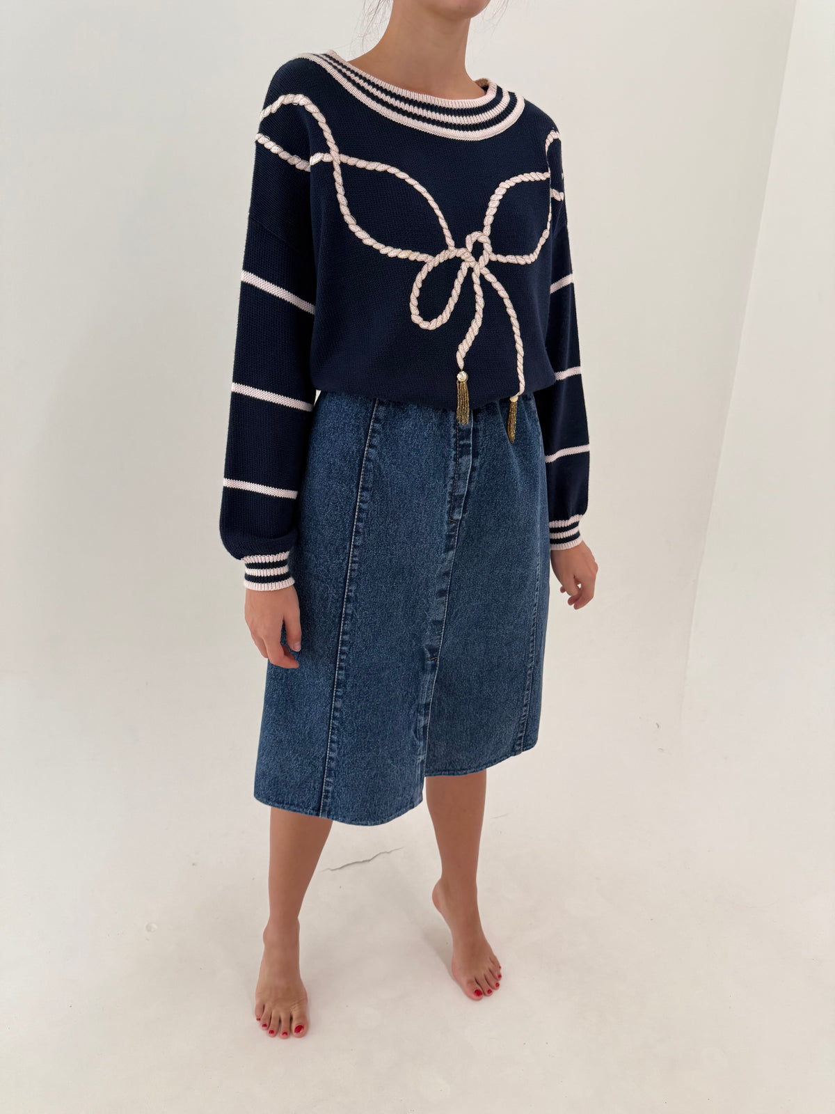 Fustă vintage din jeans gros midi cu buzunare și talie elastică ultra înaltă